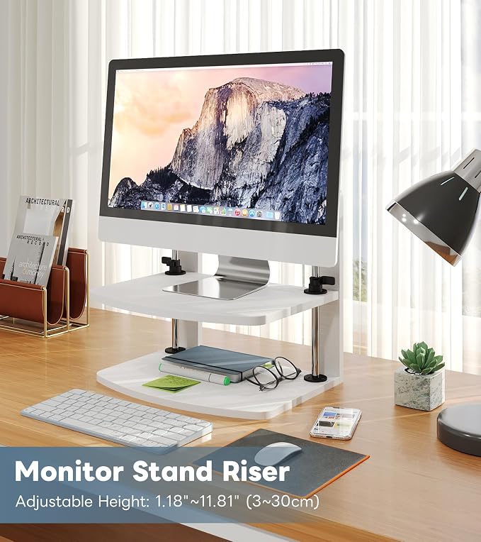 15.6 14 13.3 Inch Laptop Computer Monitor Stand Riser for Reduced Neck Strain, Adjustable Height Desk Shelf Organizer Monitor Riser Stand for PC Monitor Laptop - Withe - Wood Grain, MR01-L - Image 2