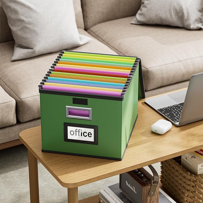 File Organizer Box with Lids, Collapsible File Folder Organizer | File Box with Plastic Slides for Document, Filing Bin for Letter Size Hanging File Folders (1 Pack, Green, Leather) - Image 8