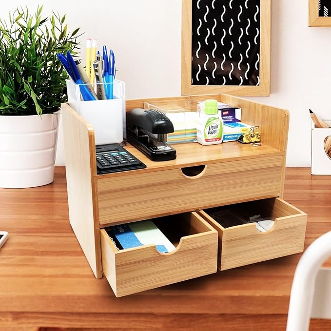 Sorbus Bamboo Desk Organizer - 3-Tier 100% Bamboo Desktop Organizers – Mini Bamboo Desk Drawer Tabletop Storage Box Countertop Organization 3 Drawers & Shelf - Office, Makeup Vanity, Fully Assembled - Image 2