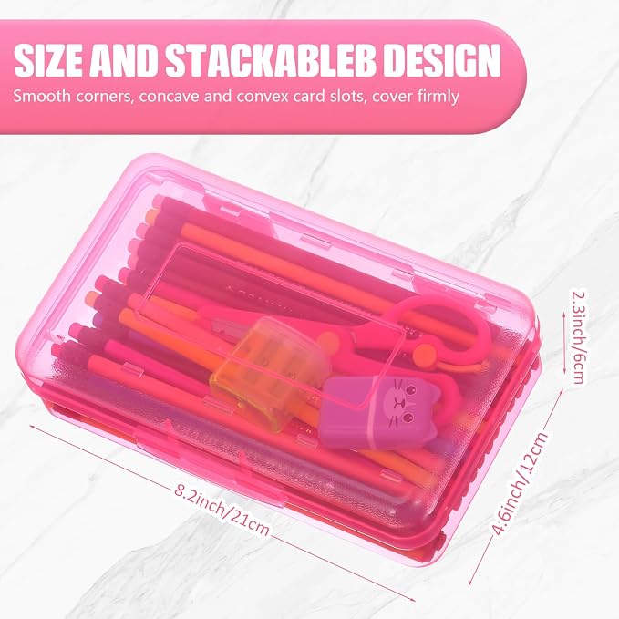 Fainne 24 Pack Pencil Boxes for School Clear Plastic Pencil Case Large Plastic Crayon Box Bulk Stackable Classroom Stationery Organizer School Supplies(Turquoise, Purple, Pink) - Image 5
