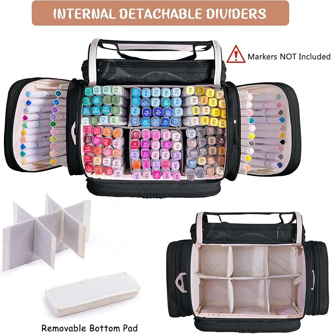 Marker Organizer Case Bag for 200-300 Markers – Large Art Supply Storage Bag with Detachable Dividers, Travel Marker Holder for Alcohol Markers, Brush Pens, Colored Pencils & Craft Supplies - Image 4
