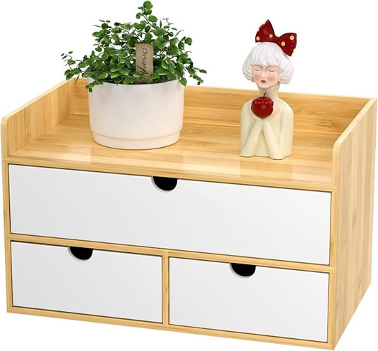 Bamboo Desk Organizer with Drawers, Desktop Storage for Office Supplies | 3 Drawers Desktop organizer, No Assembly Required, Natural Wood Wooden Desktop Drawers Box for Bills, Cosmetics, Seals, Paper by Wisuce