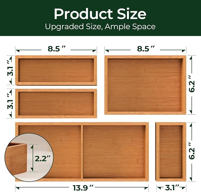 keechee 5-Piece Bamboo Drawer Organizer Set, 2.2" Deep Multi-Use Organizers for Utensils, Silverware, Cutlery, Desk, Bathroom, Junk Drawer & Makeup, Non-Slip Feet Included. - Image 4