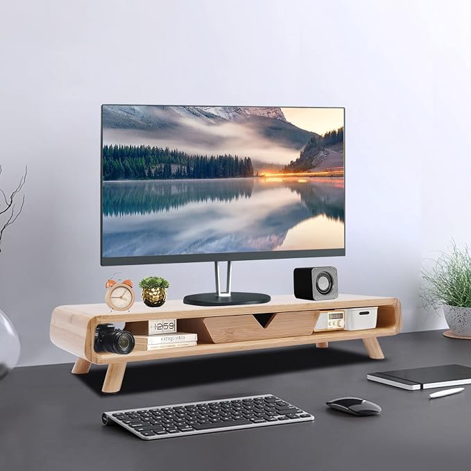 Bamboo Monitor Stand Riser Exquisite Monitor Stand with Drawer Ergonomic Height Wood Monitor Stand, No Assembly Required - Image 2