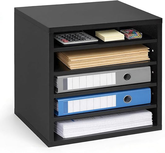 VEVOR Literature Organizer, 5 Compartments Office Mailbox with Adjustable Shelves, Wooden Mailbox Sorter with MDF, Countertop Office Home Classroom Storage Organizer for File, Document, Paper, Black by VEVOR