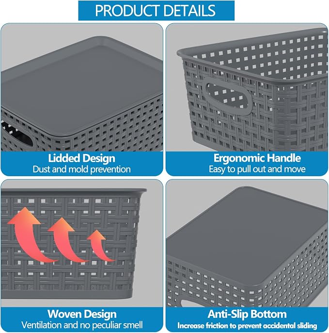 Zopnny 8 Pack Plastic Shelf Organizer Baskets, Small Storage Bins with Lid | Woven-Style Baskets with Lids, Stackable Space-Saving Design, Gray, Ideal For Pantry, Closet, Bathroom - Image 3
