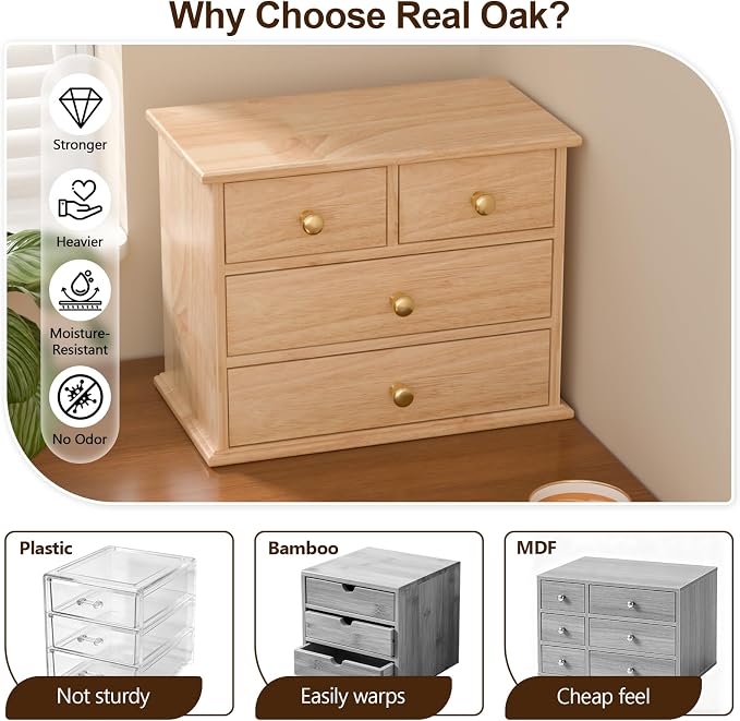 Oak Desk Organizer with Drawers, Durable Wooden Desktop Storage Box | 4 Drawer Tabletop Organizer with Metal Handles & Non-Slip Pads for Office, Bedroom, Bathroom, Vanity, Makeup Storage, Natural - Image 3
