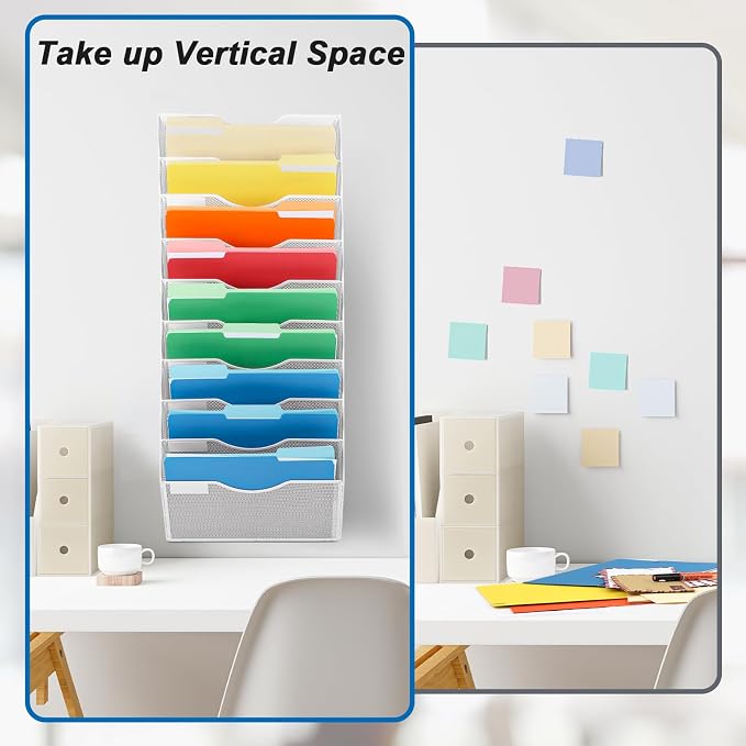 10 Pocket Mesh Hanging Wall File Organizer, Wall Mounted Mail Paper Document Folder Holder, Clipboard Storage Organization Magazine Rack with Nametag Label for Office Home School, White - Image 4