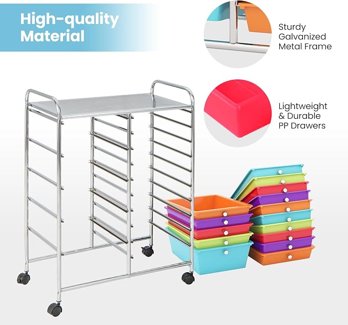 Giantex 15-Drawer Organizer Cart Office School Storage Cart Rolling Drawer Cart for Tools, Scrapbook, Paper (Multicolor) - Image 6