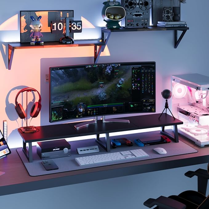TEAMIX 42 inch Large Dual Monitor Riser, Desk Organizer Stand for TV Laptop | Extra Long Computer Stand Shelf, Wood & Steel TV Riser, Holds 300lbs, Keyboard & PS5 Storage Below, For Home Office & Gaming - Image 6