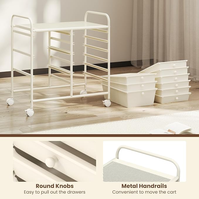 Moccha 9-Drawer Rolling Storage Cart - Under Desk Storage Drawers with wheels for Craft Art Supply Paper Salon, Scrapbook Paper Tools, Mobile Utility Cart for Classroom, White - Image 6
