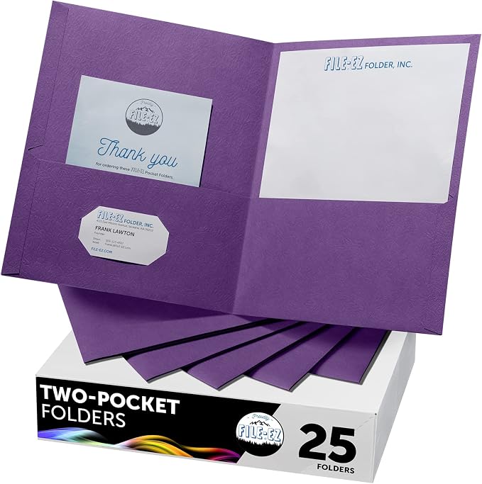 FILE-EZ Two-Pocket Folders, Purple, 25-Pack, Textured Paper, Letter Size (EZ-32545) by FILE-EZ