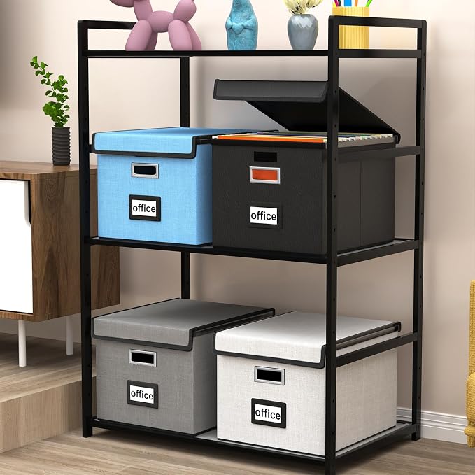 File Organizer Box with Lids, Collapsible File Folder Organizer | File Box with Plastic Slides for Document, Filing Bin for Letter Size Hanging File Folders (2 Pack, Black, Leather) - Image 2