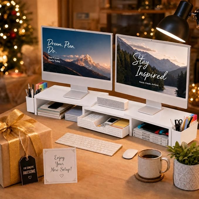 Desk Organizers and Accessories, Dual Monitor Stand Riser with Drawer and 2 Pen Holders, Desk Shelf Computer Racks for Office Workspace Organizers, Desktop Organization (White) - Image 9