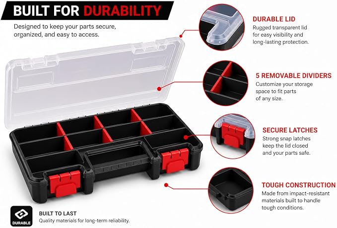 Compact Parts Organizer Box – Small Hardware Storage Case with 9 Compartments & 5 Dividers – Durable Nylon Screw, Bolt, Craft Organizer for Toolbox, Drawer, or Garage Use - Image 2