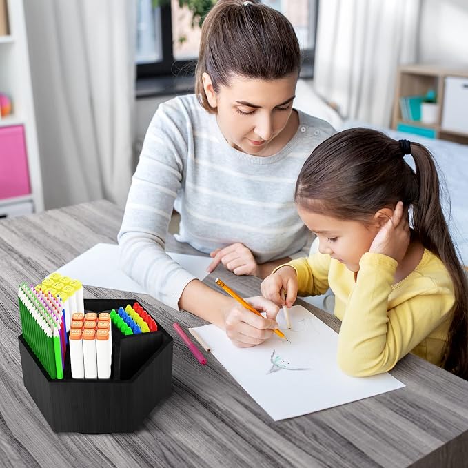 Colored Pen Pencil Holder Organizer for Desk with 7 Compartments | Bamboo Rotating Art Supply Organizer, Office Supplies Desktop Storage Caddy, Marker Holder Organizer Black - Image 3
