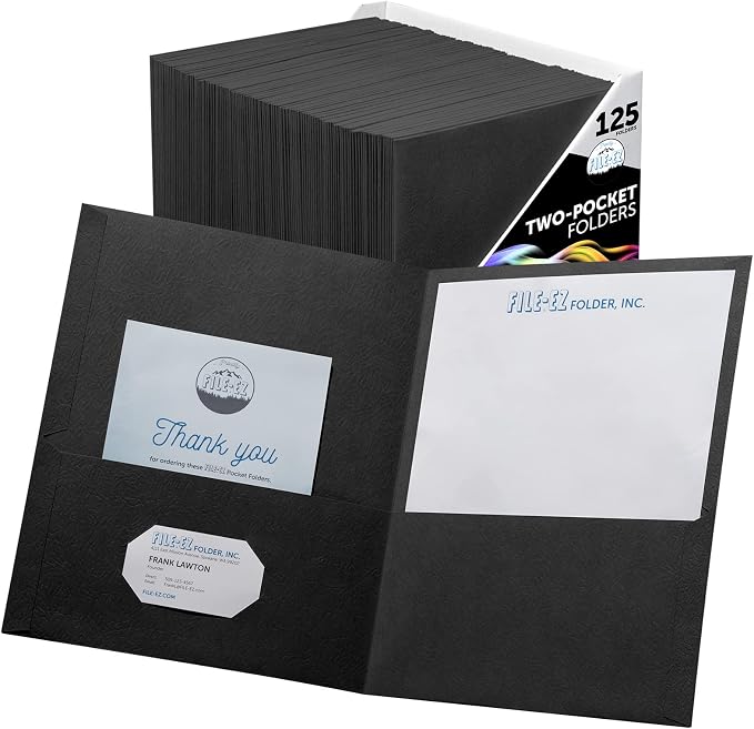 FILE-EZ Two-Pocket Folders, Black, 125-Pack, Textured Paper, Letter Size (EZ-32405) by FILE-EZ