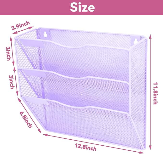 3 Pockets Mesh Wall File Holder Organizer Office Hanging File Folder Magazine Rack, Nametag Label Hooks Set Included (Purple) - Image 2