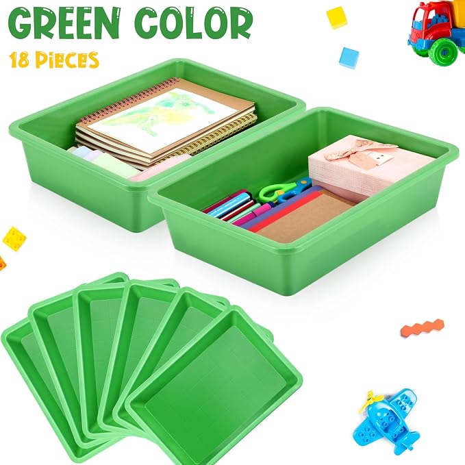 18 Pcs Flat Storage Organizer Bins Letter Size Paper Tray Classroom Storage Plastic Art Trays Classroom Pencil Organizer Baskets for School Office Teacher Book Organization(Green) - Image 4