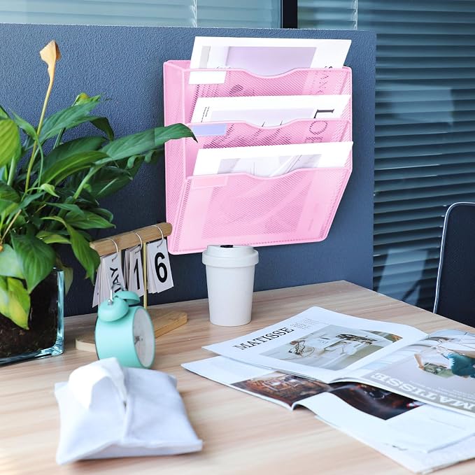 3 Pockets Mesh Wall File Holder Organizer Office Hanging File Folder Magazine Rack, Nametag Label Hooks Set Included (Pink) - Image 7