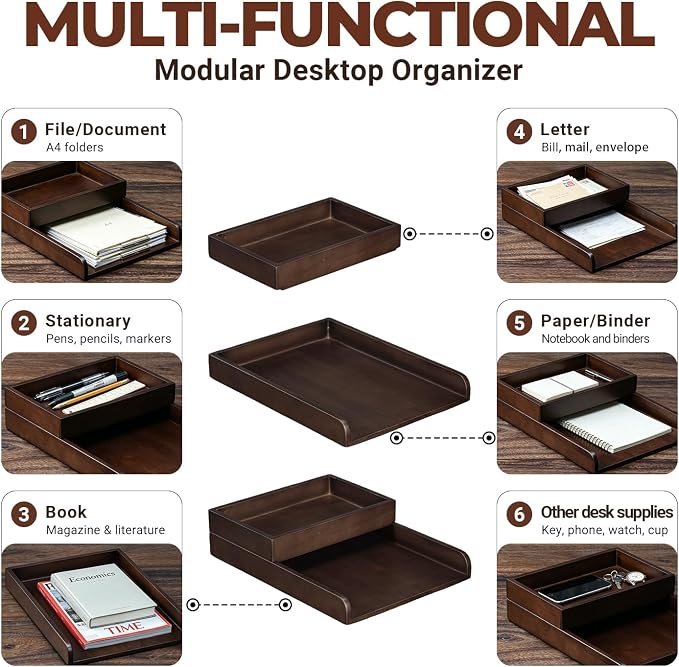 Wood 2-Tier Letter Tray, Stackable Detachable Paper Tray Desk Organizer | Detachable A4 File Holder, No-Assembly Desk Mail Sorter, Walnut Color Wood, Home Office Storage, Letter Paper Tray - Image 4