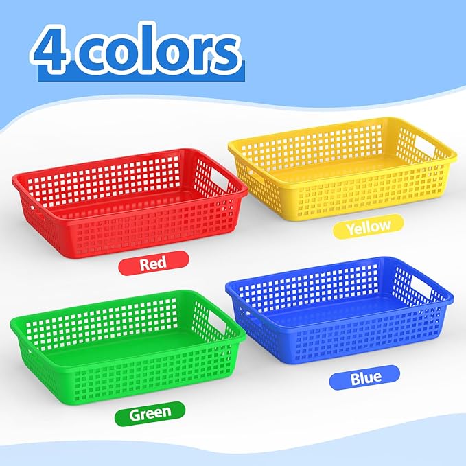 12 Pack Classroom Storage Baskets 15''x10''x3'' Large Plastic Paper Trays with Handle Letter Size A4 Paper Toy Basket Turn in Trays for Library Office Desk Drawer Organizing (12, Bright Color) - Image 3