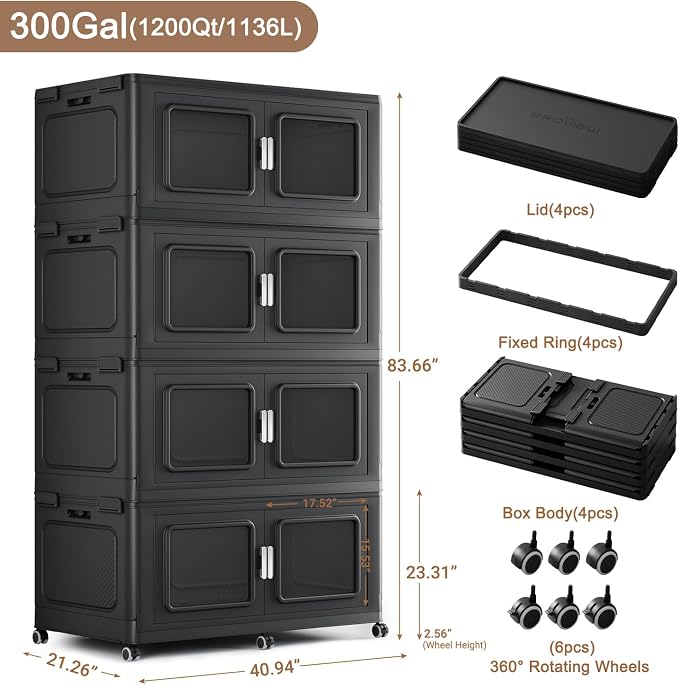 BROVIEW 1200 Qt/300 Gal Stackable Storage Bins with Lids, 4 Pack, Black | Large Stackable Storage Boxes w/ 4 Lid Folding Plastic Cart Organizer for Home Kitchen, Open Front Clear Door with Wheels - Image 2