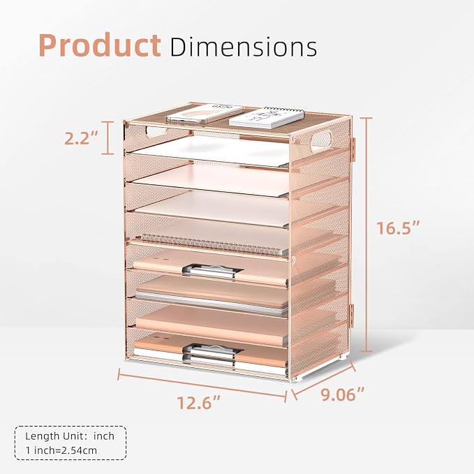 9-Tier Paper Organizer for Desk, Metal Letter Tray with Handles, Gold Rose | Desk File Organizer with Removable Trays for Sorting Files, Folders, Mail and Printer Paper at Home, School or Office - Image 6