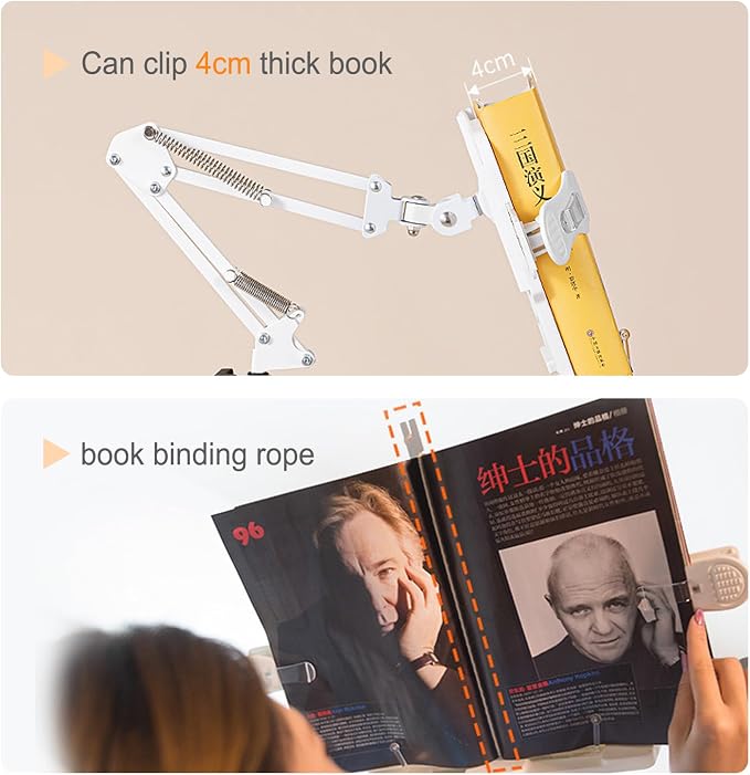 Book Stand for Bedsid, Book Light and 2 Spring Clips, with Phone Holder, Long Arm Table Music Stand, Adjustable Height Angle, for Laptop Phone Tablet, for Cookbooks, Textbooks, Magazines - Image 6