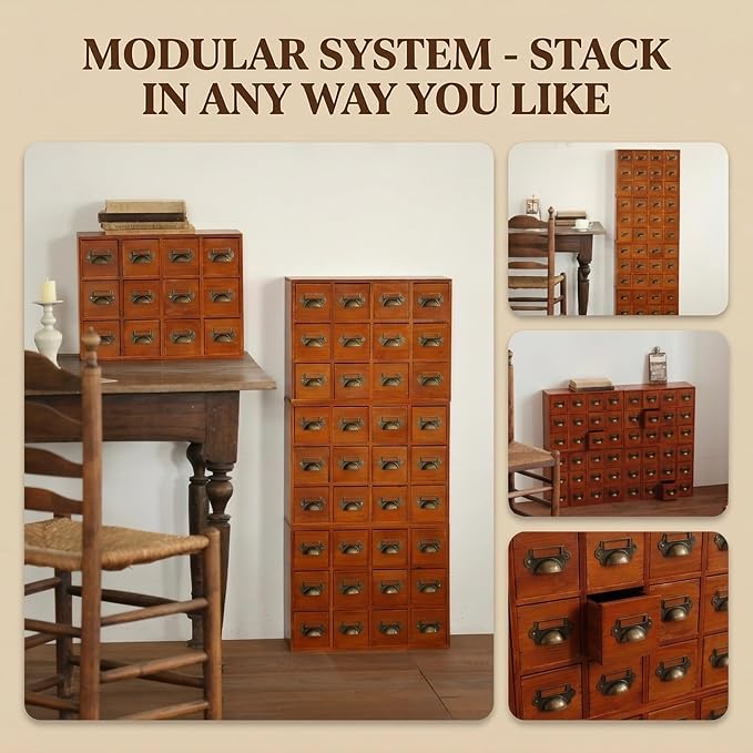 48 Drawer Wood Storage Organizer, Stackable Apothecary Cabinet with Brass Handles & Label Holders, Modular Card Catalog Drawer Chest for Crafts, Hardware, Beads, Spices, Office Desk - Image 6