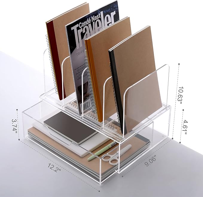 HeZone Desk Organizers and Accessories, Acrylic Desk Organizer with Drawer, Office Supplies Organization Storage, Clear Acrylic File Organizer for Desk - 1 Pack - Image 3