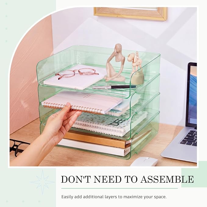Harloon 4 Tier Clear Sage Green Acrylic Paper Organizer Letter Tray, Aesthetic Stackable Desk File Organizer Paper Holder Office Tray for A4, Modern Office Classroom Home File Pad Books Notes - Image 4