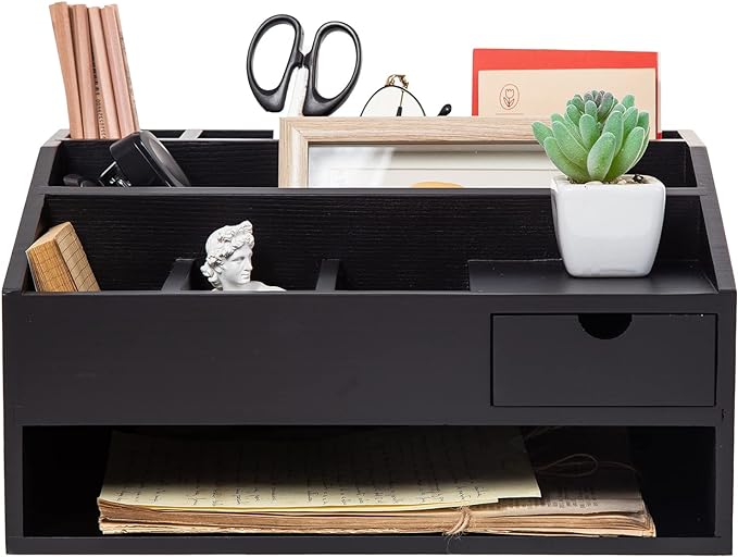 Wood Desk Drawer Organizers with File Organizer Pen holder Office Decor combo for Desk Organization Home can arrange office supplies such as calculators scissors pens note papers, etc. (black) by VERGOODR