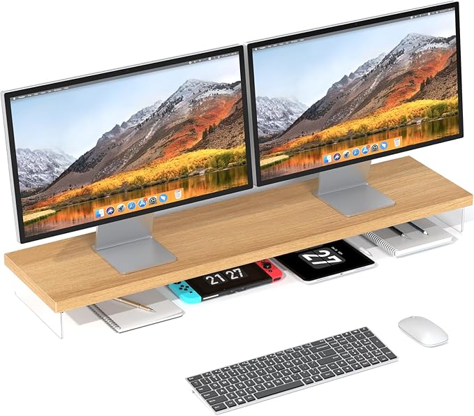 Dual Monitor Stand Riser, 40x10 in Wood & Acrylic Desktop Organizer Shelf | Computer Monitor Stand Riser With Wood & Acrylic Design; Fits 2 Monitors, Laptop, Printer And Desk Supplies For Office Use. by SSWOOD