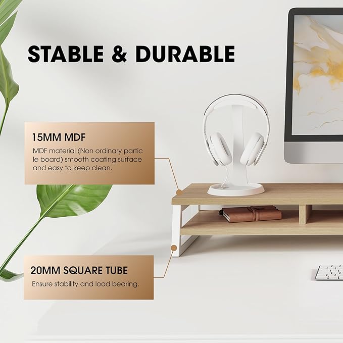 Fenge Dual Monitor Riser for Desk, Open Shelf with 3 Storage Compartments | 42.5in Computer Monitor Stand, 2-Tier Desk Shelf for Top of Desk,One-Piece Panel, fit Ultrawide Monitor, PC, Laptop, Oak - Image 4