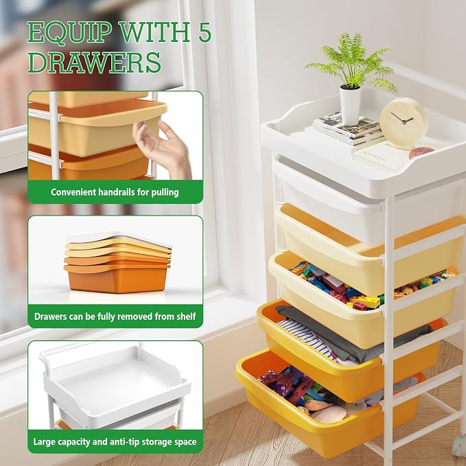 5 Drawers Plastic Rolling Storage Cart with Wheels, Teacher Supply | Orange, 32 inch, Skinny, Craft Art Organizer, Utility Cart, Home Office Bedroom Dorm Classroom Supply - Image 4