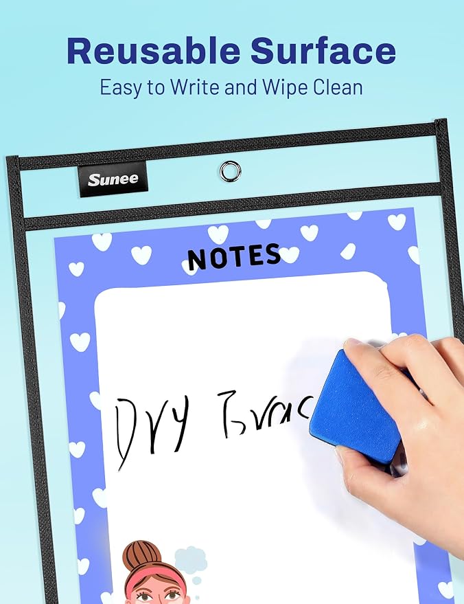 SUNEE 100 Packs Oversized Reusable Dry Erase Pocket Sleeves with 5 Rings, Black 10x14 Ticket Holders, Clear Plastic Sheet Protectors, Teacher School Classroom Supplies - Image 3
