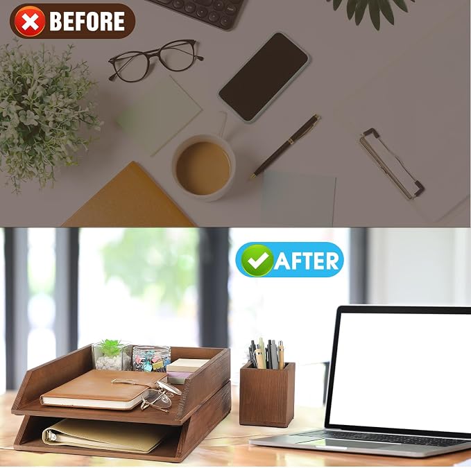 Nuanchu 2 Pcs Wooden Letter Trays with Pen Holder Wood Desk Organizer Set Heavy Duty 2 Tier Brown Stackable Supports Letter-Size Paper Tray Desktop Drawer Pen Magazine File Folder Office Accessories - Image 5