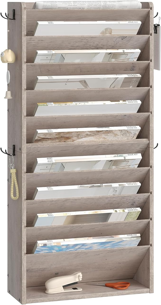 Wall File Organizer, 10-Tier Hanging Mail Organizer, Wall Mount File Holder with 4 Side Hooks, Industrial Mail and Storage Organizer, Wooden Vertical Hanging Holder for Office, Greige MWJ03FH by Choezon