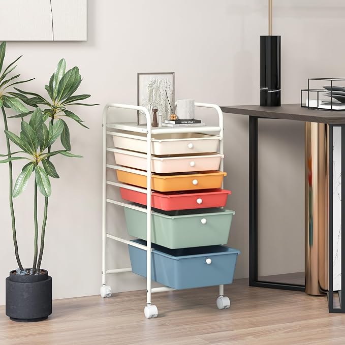 COSTWAY 6-Drawer Rolling Storage Cart, Art Craft Tools Organizer on Wheels | Multifunctional Heavy Duty Utility Mobile Storage Trolley w/ 2 Lockable Wheels for Home Office School (Macaron) - Image 2