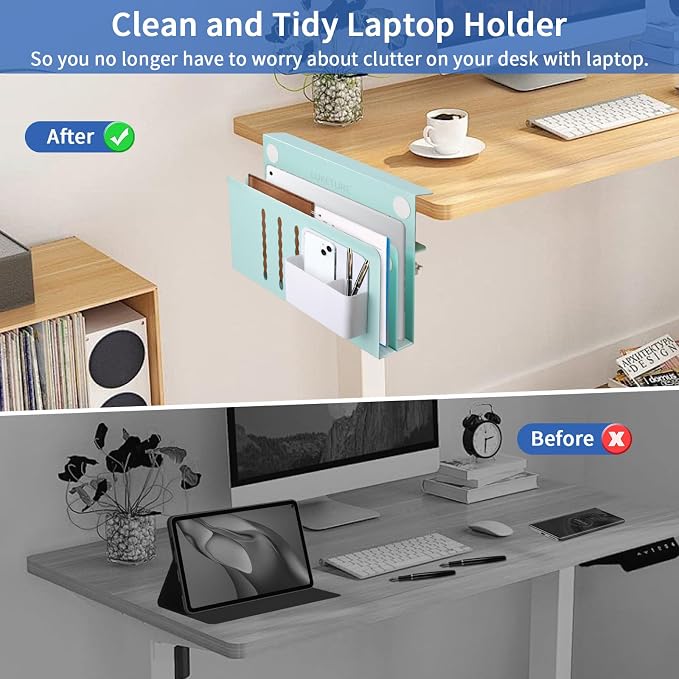 LUKETURE Desk Side Storage, 2 Tie Laptop Holder No Drill Clamp On Organizer | Steel Side Desk Organizer, Clamp on Laptop Mount with Pen Holder, Hanging Storage for Home Office, Fits 0.3" to 2.8" - Image 6