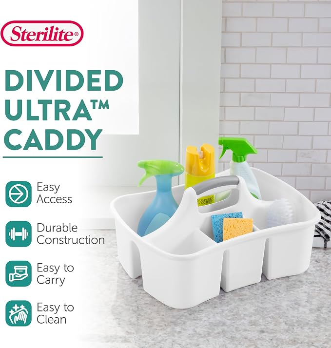 Sterilite Divided Ultra Caddy Storage Organizer for Bathroom, White, 4-Pack | Large Organization Holders and Stackable Plastic Containers for Toilet, Sink, Laundry, and Kitchen Cleaning Supplies - Image 2