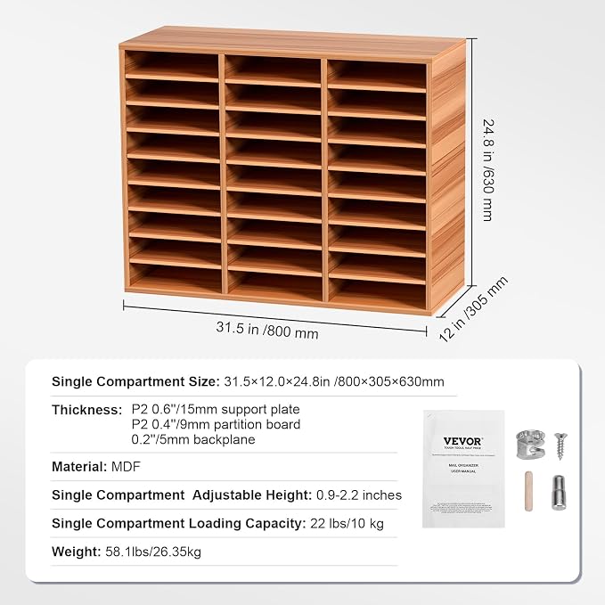 VEVOR 27 Compartments Wood Literature Organizer, Adjustable Shelves, Medium Density Fiberboard Mail Center, Office Home School Storage for Files, Documents, Papers, Magazines, Burlywood - Image 7