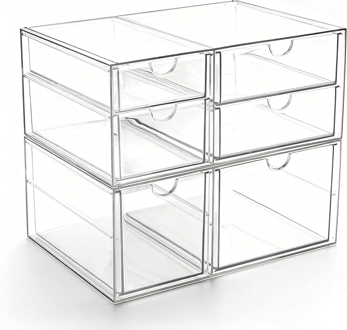 Prsildan Acrylic Makeup Organizer Clear Storage Drawer with 6 Small Drawers | Transparent, Vanity Organizers, For Bathroom Kitchen Cabinet Office Desk Under Sink, Set of 2 by Prsildan