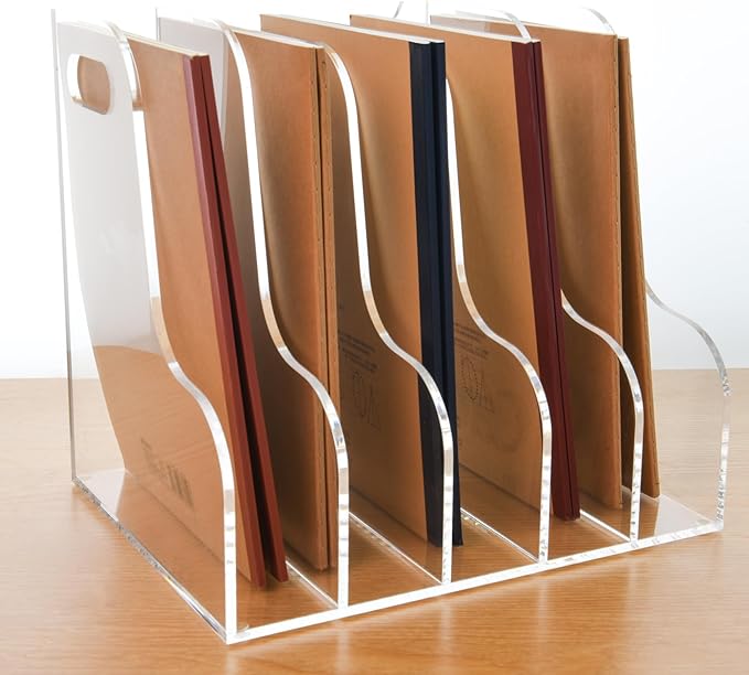 5 Vertical Compartments File Holder, Clear Acrylic Desk Organizer and Storage Bins Holding for Magazines, Binders, Notebooks, Envelopes, Multi-purpose Document Organizer for Home Office by AIMOLLYACRYLICSTORAGE