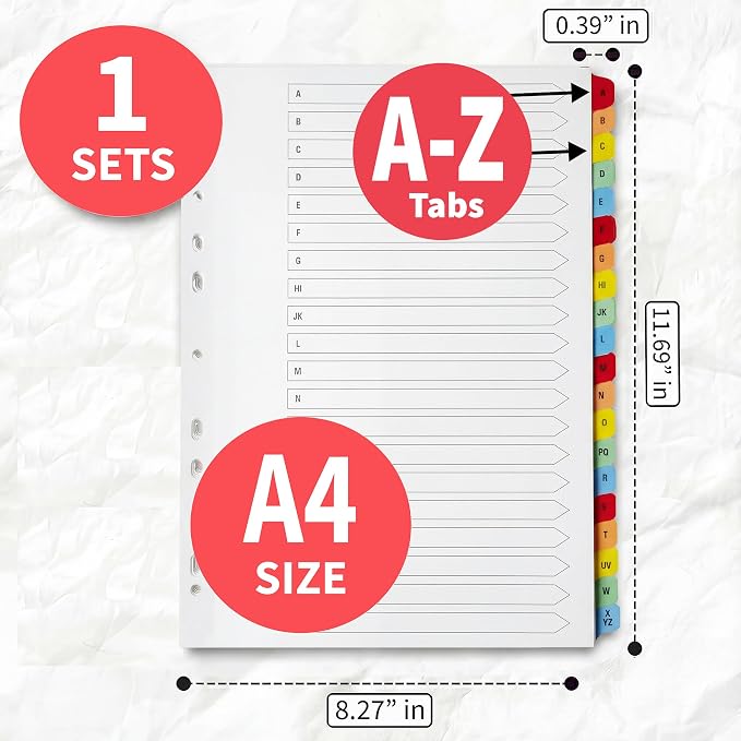 The Paper Shop A-Z Dividers for 3 Ring Binder - A4 (1 Pack) | Alphabet Binder Dividers with Tabs for Office School & Home | A-Z Alphabetical Index Tabs 150gsm | Colour-Coded Multipunched Set - Image 2