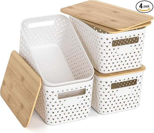 Plastic Storage Bins with Bamboo Lids, Stackable Small Box Baskets for Organizing and Containers for Shelves Drawers Desktop Closet Pantry Classroom Office Home, 4 Pack 12x7.3x6.2 Inch, White by ZFTMRR