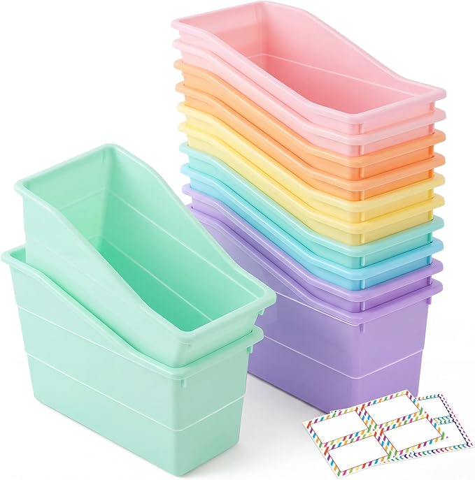 Blosssound 12 Set Book Bins for Classroom with Label Sticker Book Box Baskets Plastic Stackable Organizing Bins Storage & Organization for Classroom Library Home School Supplies (Pastel) by Blosssound