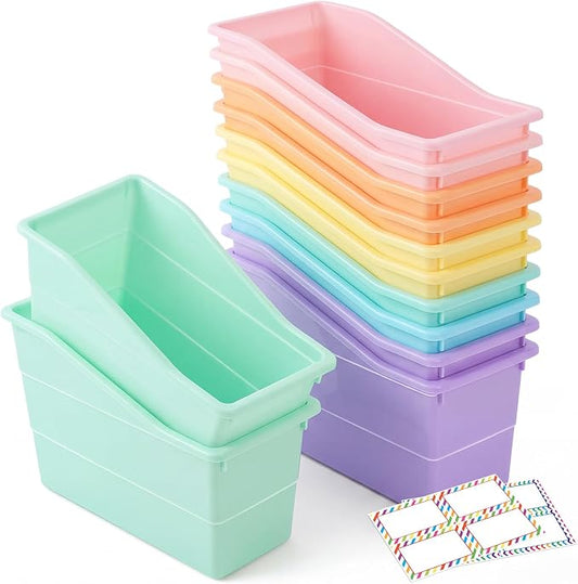Blosssound 12 Set Book Bins for Classroom with Label Sticker Book Box Baskets Plastic Stackable Organizing Bins Storage & Organization for Classroom Library Home School Supplies (Pastel) by Blosssound