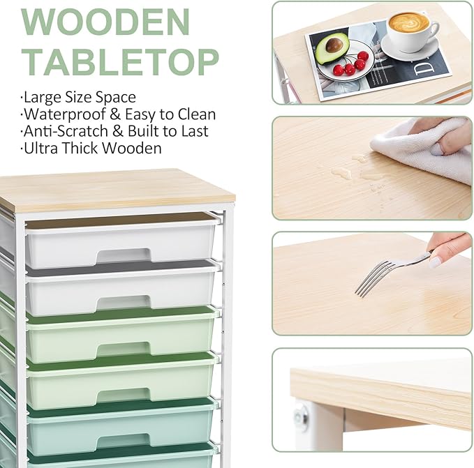 SYKIARIOL Rolling Cart with Drawers,Craft Organizers and Storage, Green | Rolling Storage Cart with 8 Drawers and Wooden Tabletop for Living Room,Office,Classroom,Craft Room,Bedroom,Dorm - Image 4
